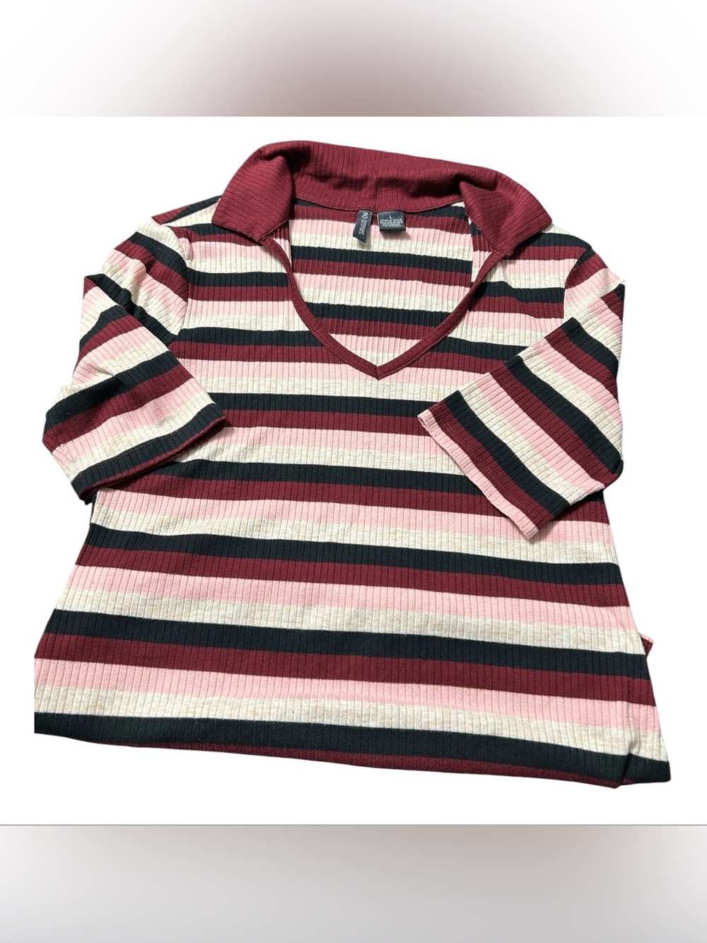 Polo Striped V-Neck Kids Top in Burgundy, Pink & Cream - Unknown Brand